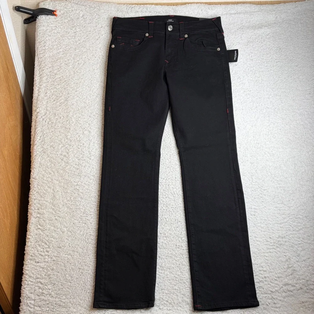 NEW True Religion Ricky Relaxed Straight Jeans Black Red 107330 Mens 32x33